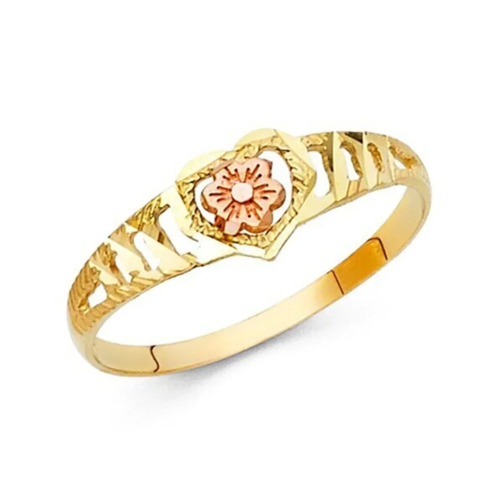 14k Yellow & Rose gold Diamond cut Heart Flower Ring
